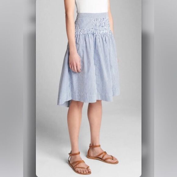 Gap Blue White Pinstripe Smock Waist Nautical Cotton Midi Skirt - Picture 1 of 16